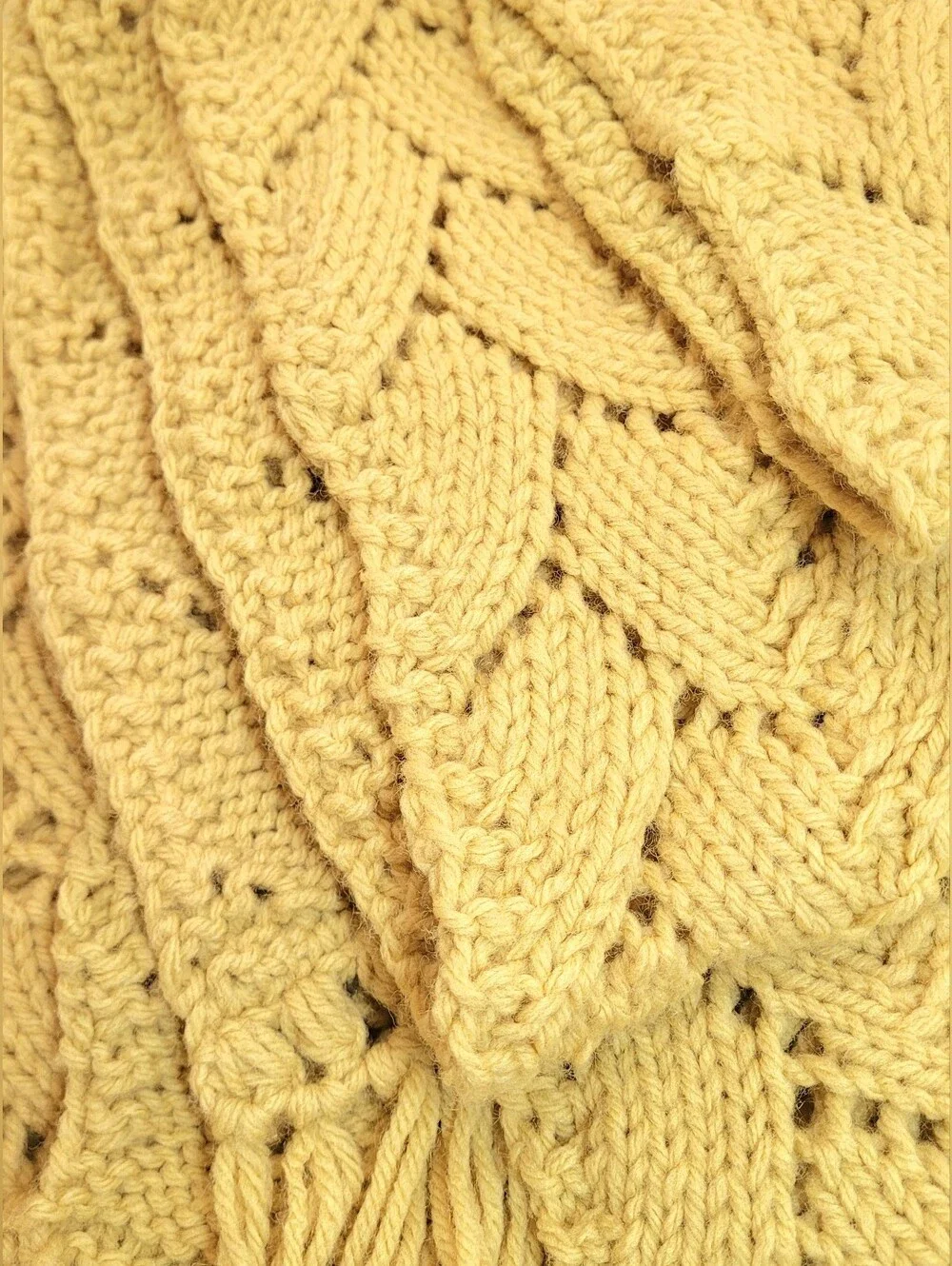 Vintage Yellow Knit Afghan Throw Blanket Fringe | Mid Century Old Shale Feather